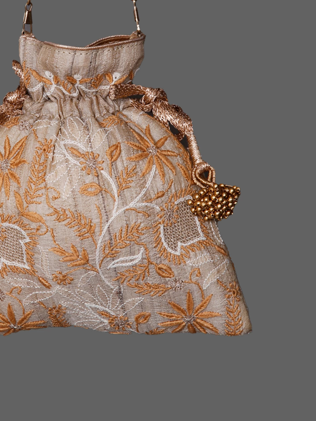 Ada Hand Embroidered Natural Fawn Silk Lucknowi Chikankari Potli Bag With Zari Work 01A436565