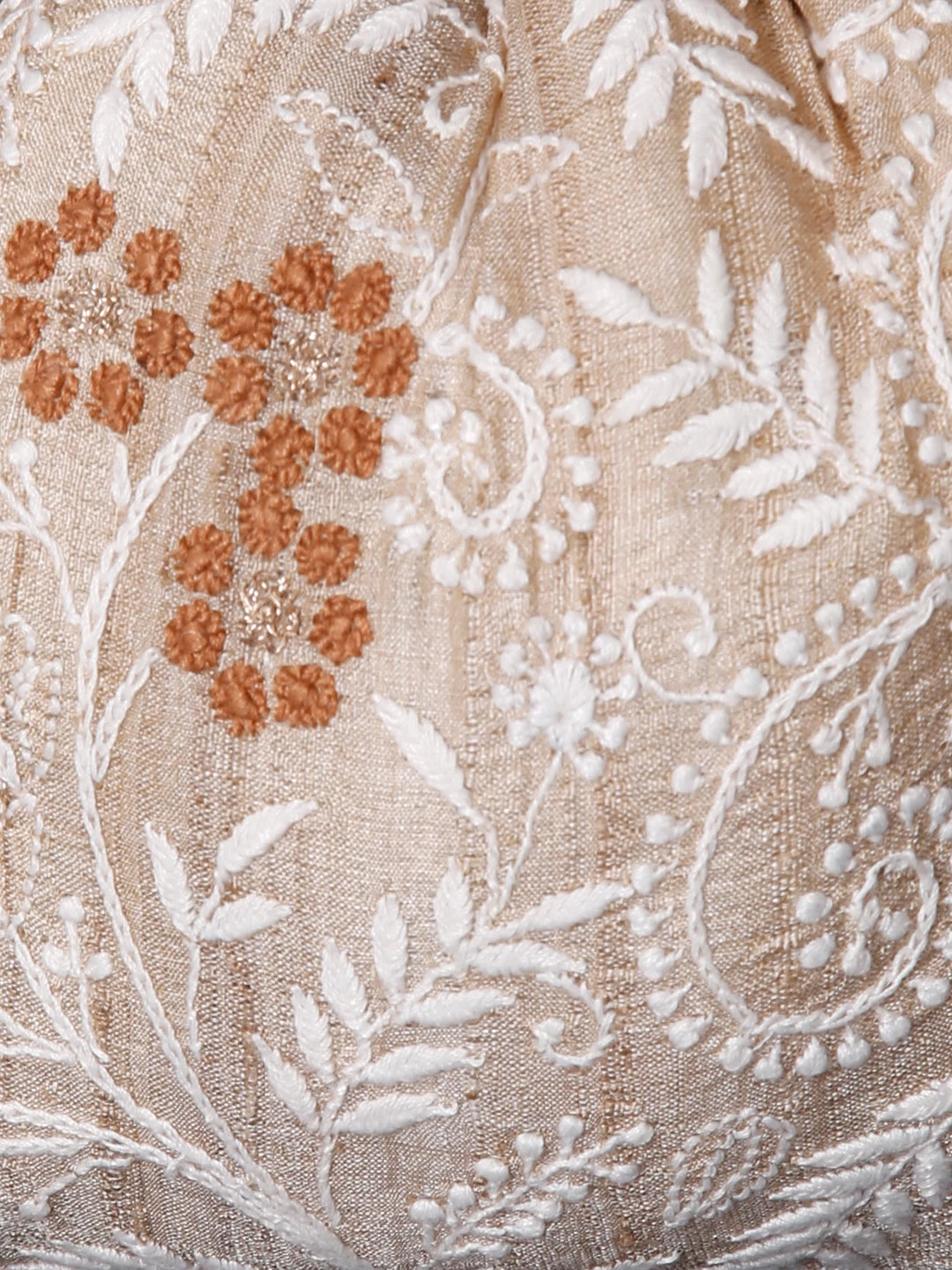 Ada Hand Embroidered Natural Fawn Silk Lucknowi Chikankari Potli Bag With Zari Work 01A436557