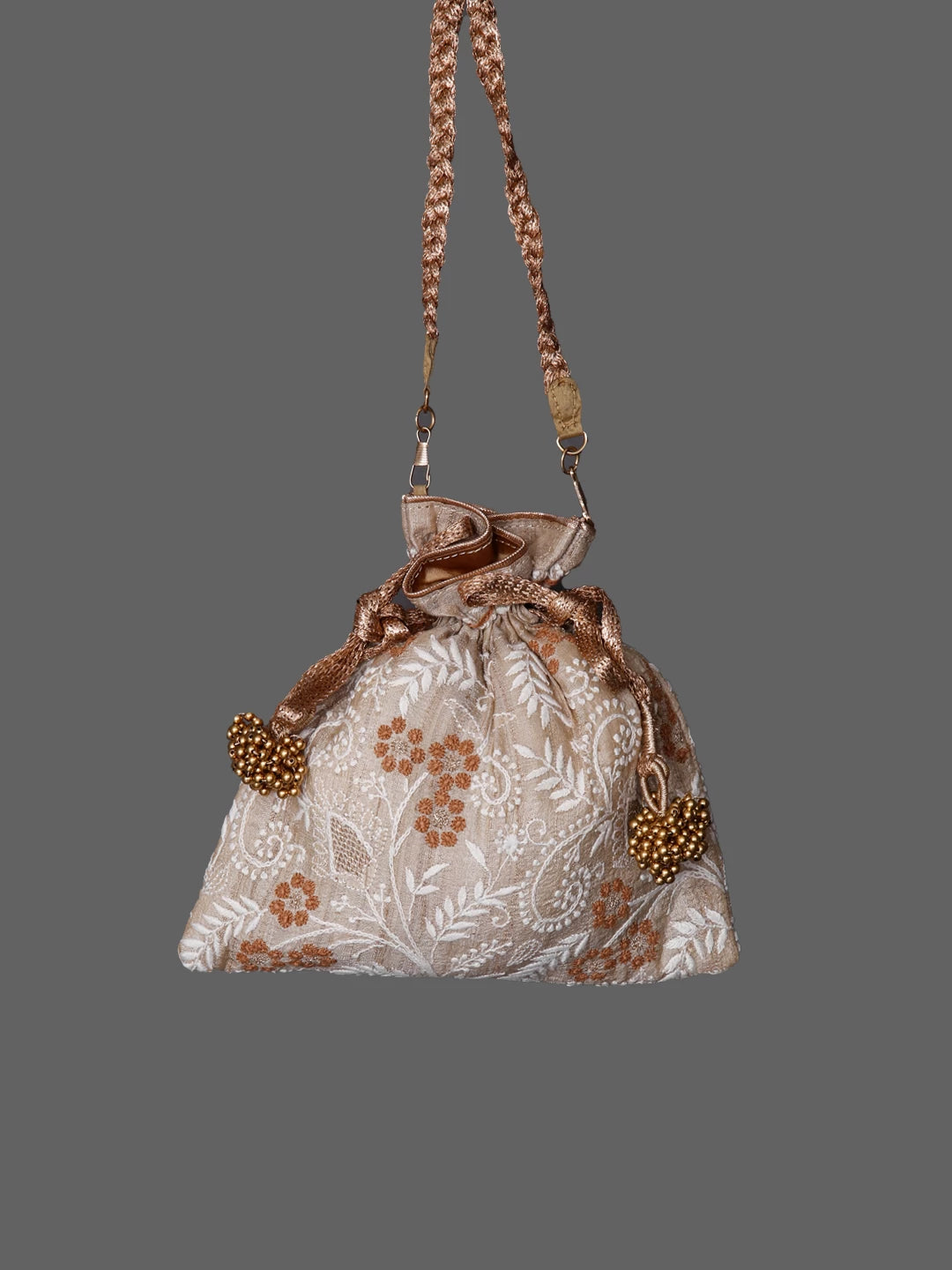Ada Hand Embroidered Natural Fawn Silk Lucknowi Chikankari Potli Bag With Zari Work 01A436557