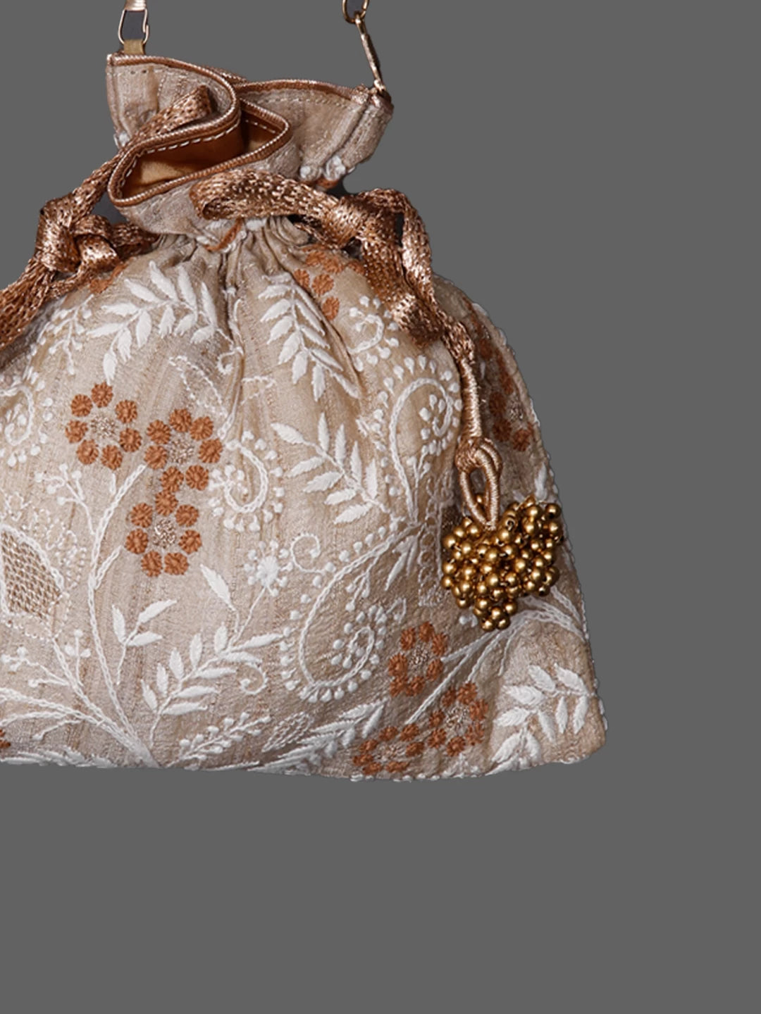Ada Hand Embroidered Natural Fawn Silk Lucknowi Chikankari Potli Bag With Zari Work 01A436557