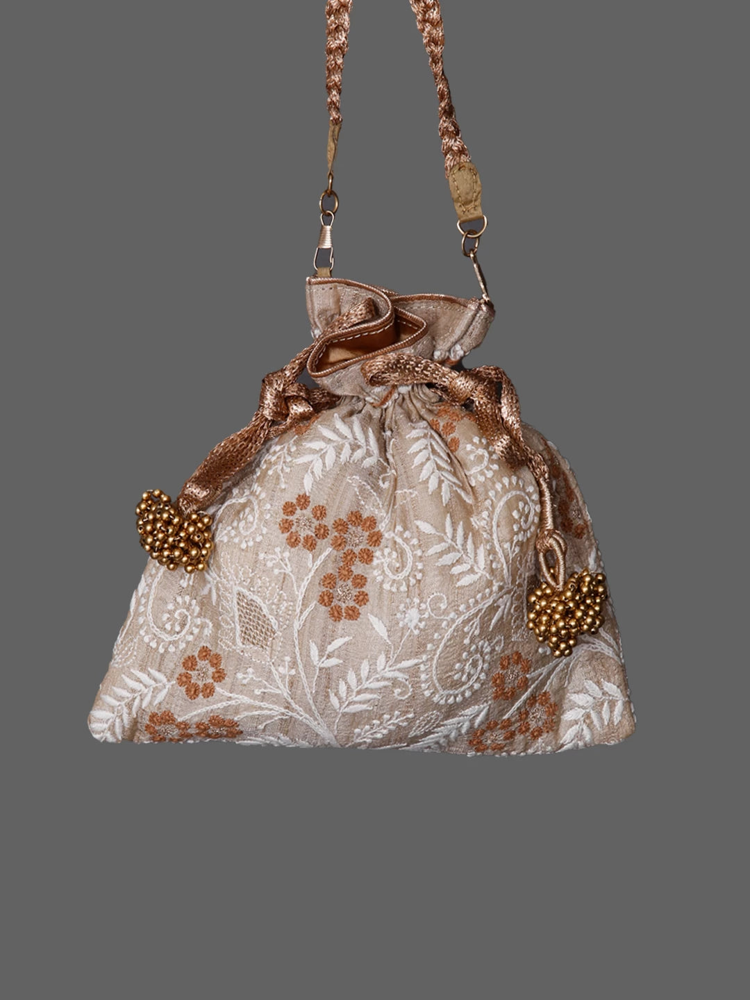 Ada Hand Embroidered Natural Fawn Silk Lucknowi Chikankari Potli Bag With Zari Work 01A436557