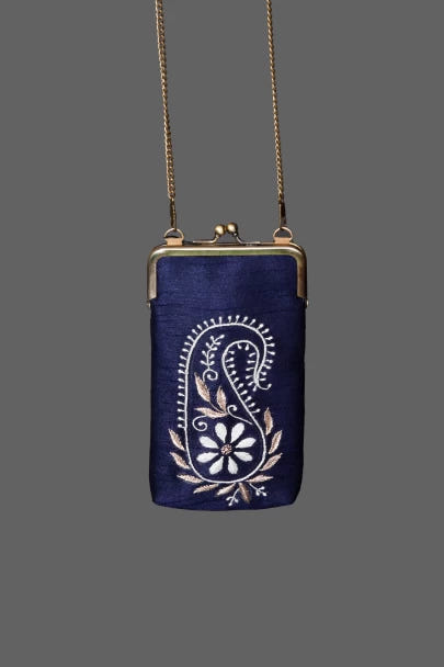 Ada Hand Embroidered Midnight Blue Silk Lucknowi Chikankari Mobile Cover With Zari Work 01A398366