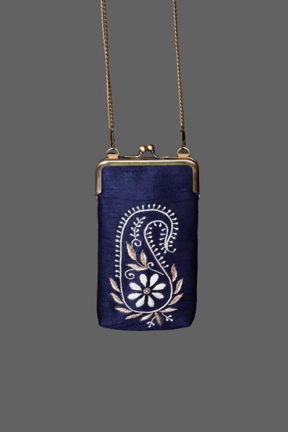 Ada Hand Embroidered Midnight Blue Silk Lucknowi Chikankari Mobile Cover With Zari Work 01A398366