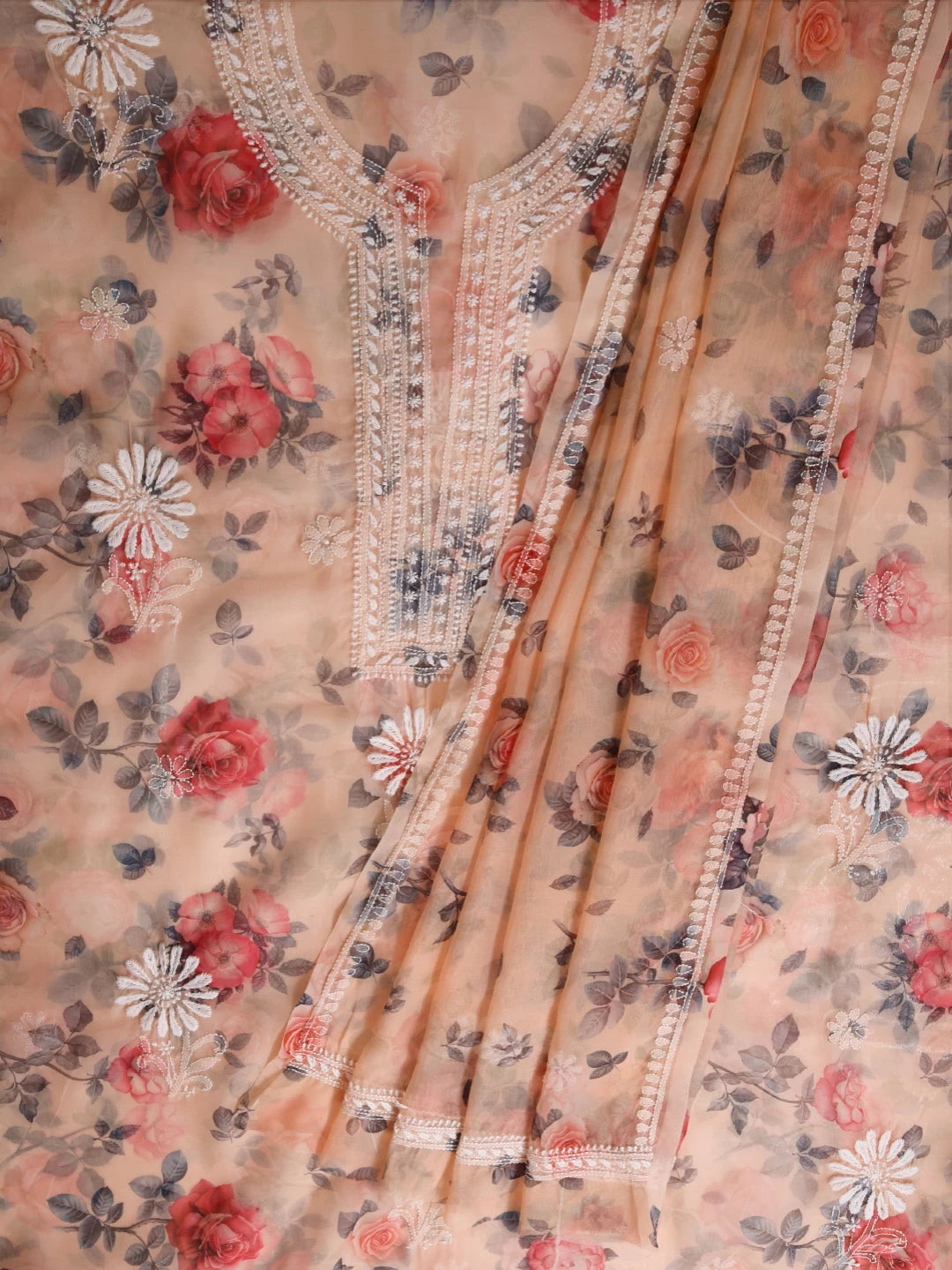 Ada Hand Embroidered Creamy Peach Organza Lucknowi Chikankari Unstitched Kurta Dupatta Set 01A414087