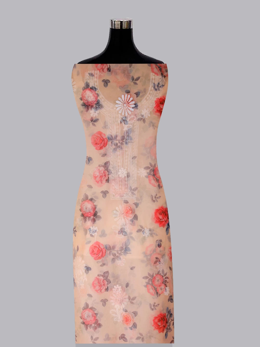 Ada Hand Embroidered Creamy Peach Organza Lucknowi Chikankari Unstitched Kurta Dupatta Set 01A414087