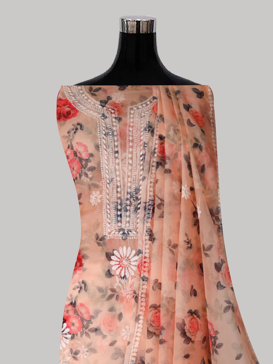 Ada Hand Embroidered Creamy Peach Organza Lucknowi Chikankari Unstitched Kurta Dupatta Set 01A414087