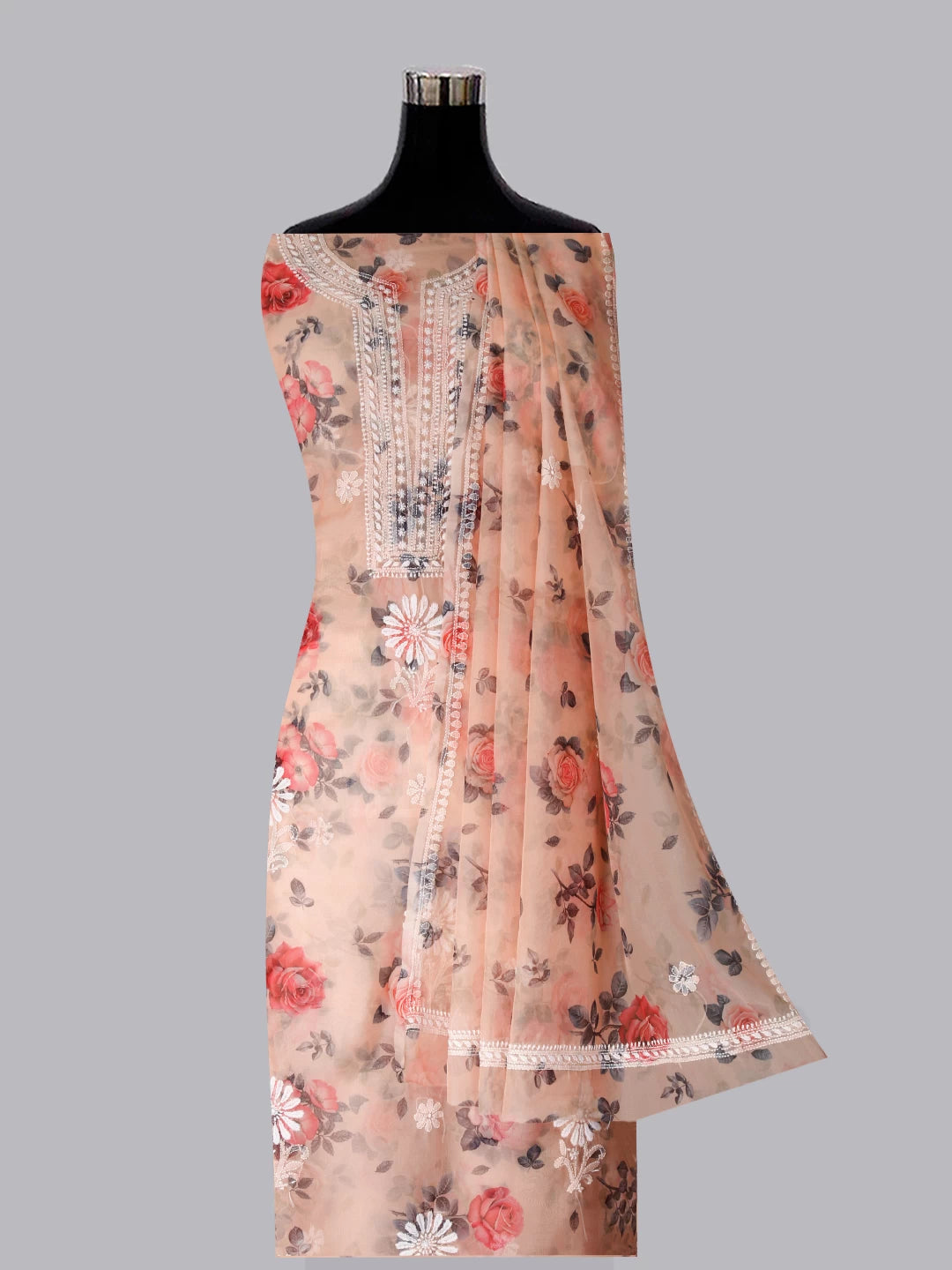 Ada Hand Embroidered Creamy Peach Organza Lucknowi Chikankari Unstitched Kurta Dupatta Set 01A414087