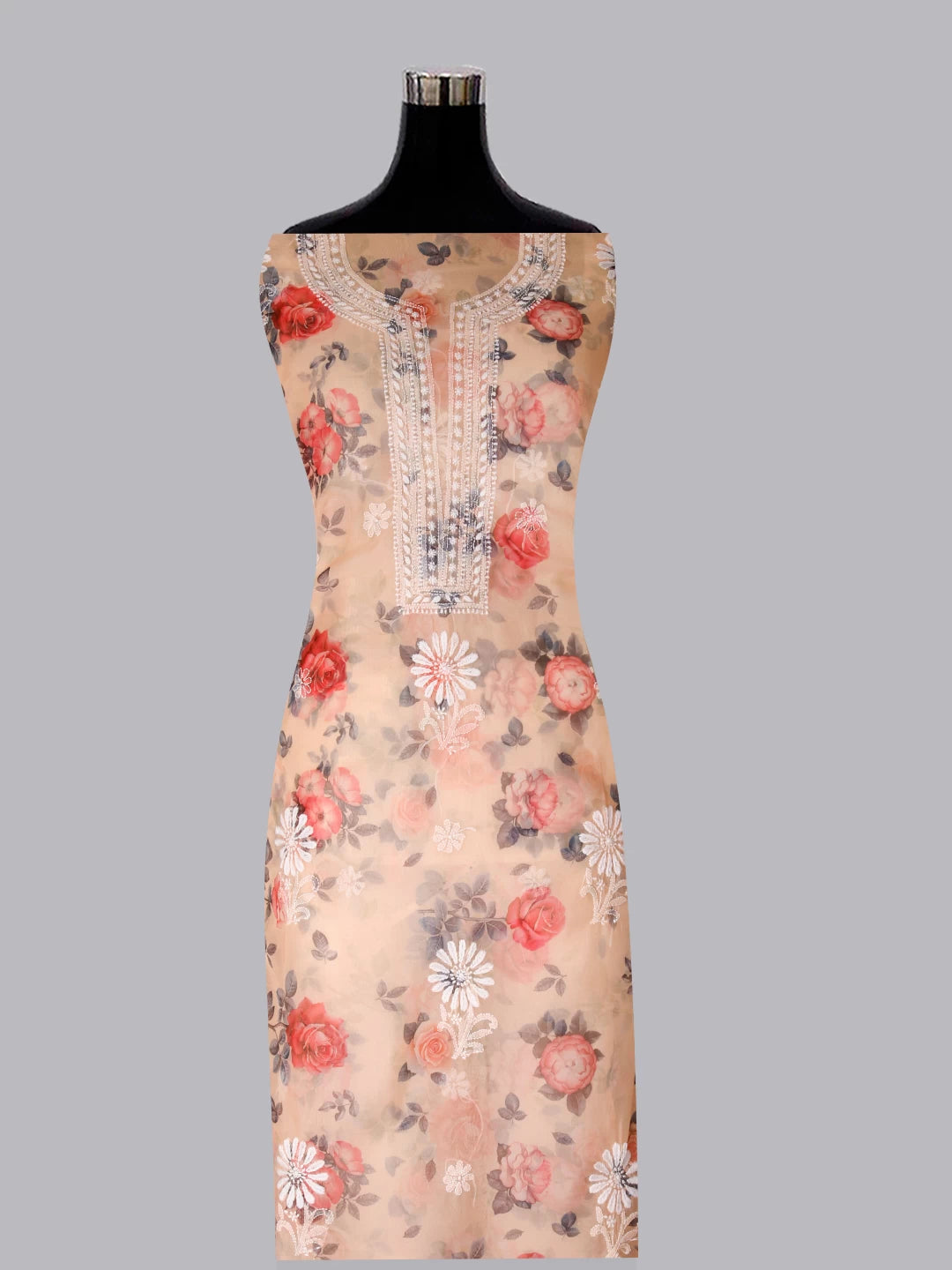 Ada Hand Embroidered Creamy Peach Organza Lucknowi Chikankari Unstitched Kurta Dupatta Set 01A414087
