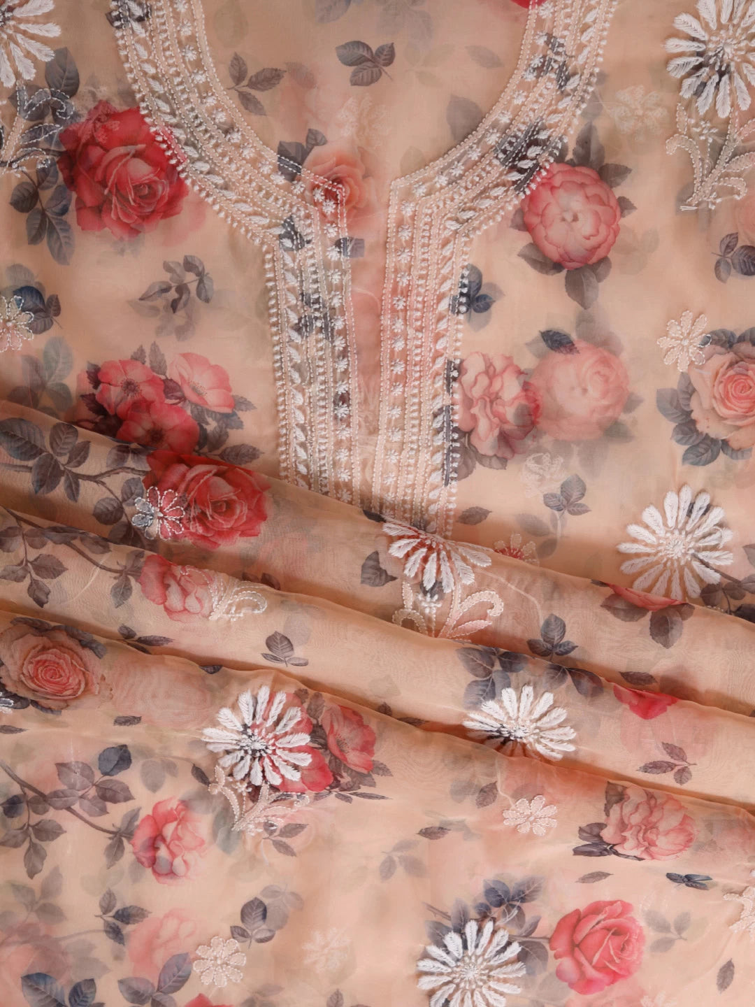 Ada Hand Embroidered Creamy Peach Organza Lucknowi Chikankari Unstitched Kurta Dupatta Set 01A414087
