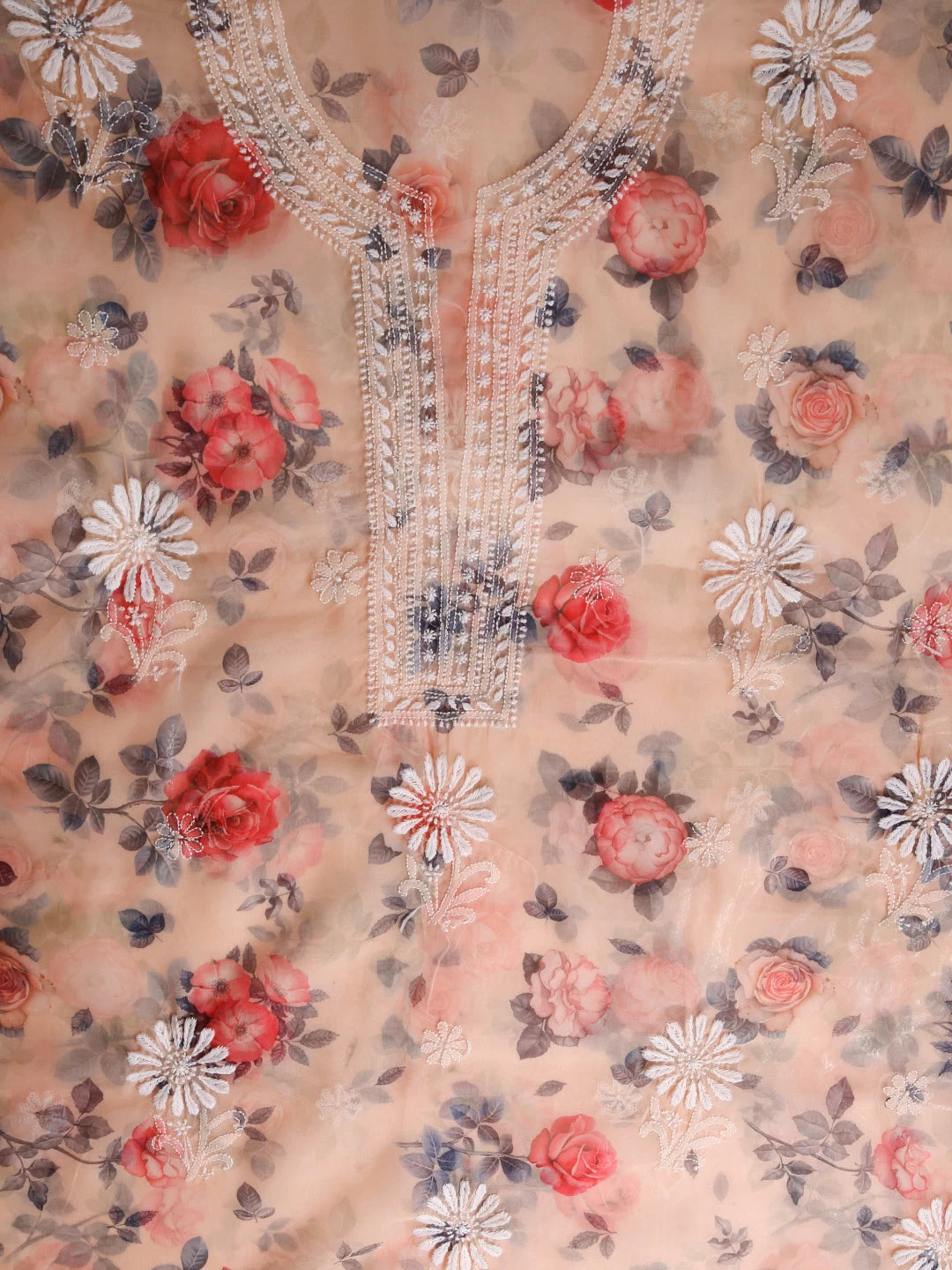 Ada Hand Embroidered Creamy Peach Organza Lucknowi Chikankari Unstitched Kurta Dupatta Set 01A414087