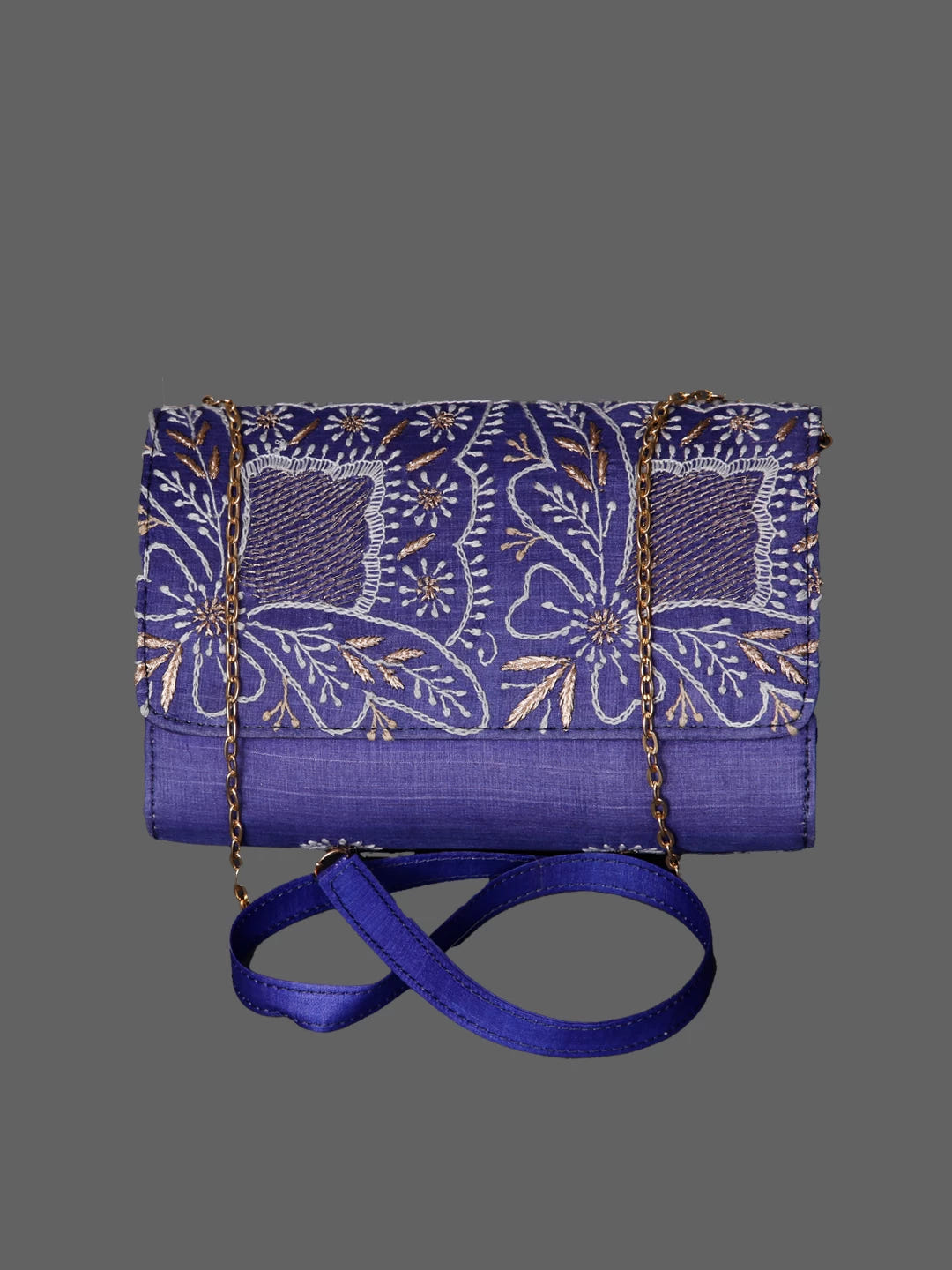 Ada Hand Embroidered Indigo Blue Silk Lucknowi Chikankari Clutch Handbag With Zari Work 01A350934