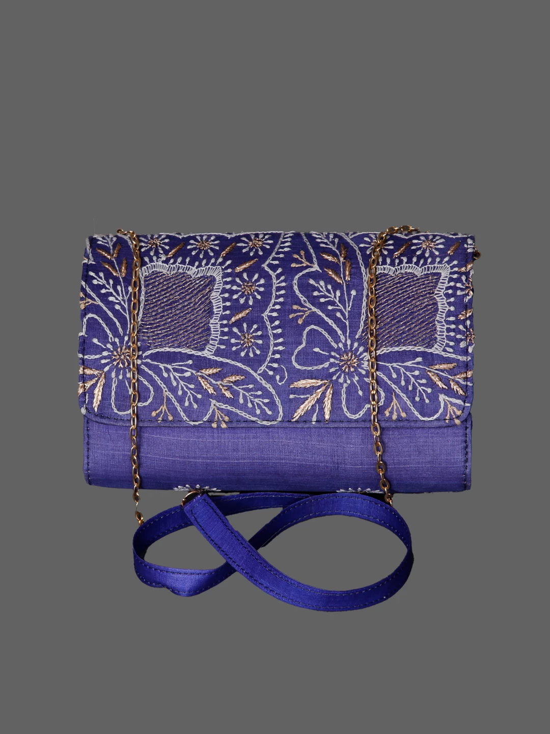 Ada Hand Embroidered Indigo Blue Silk Lucknowi Chikankari Clutch Handbag With Zari Work 01A350934