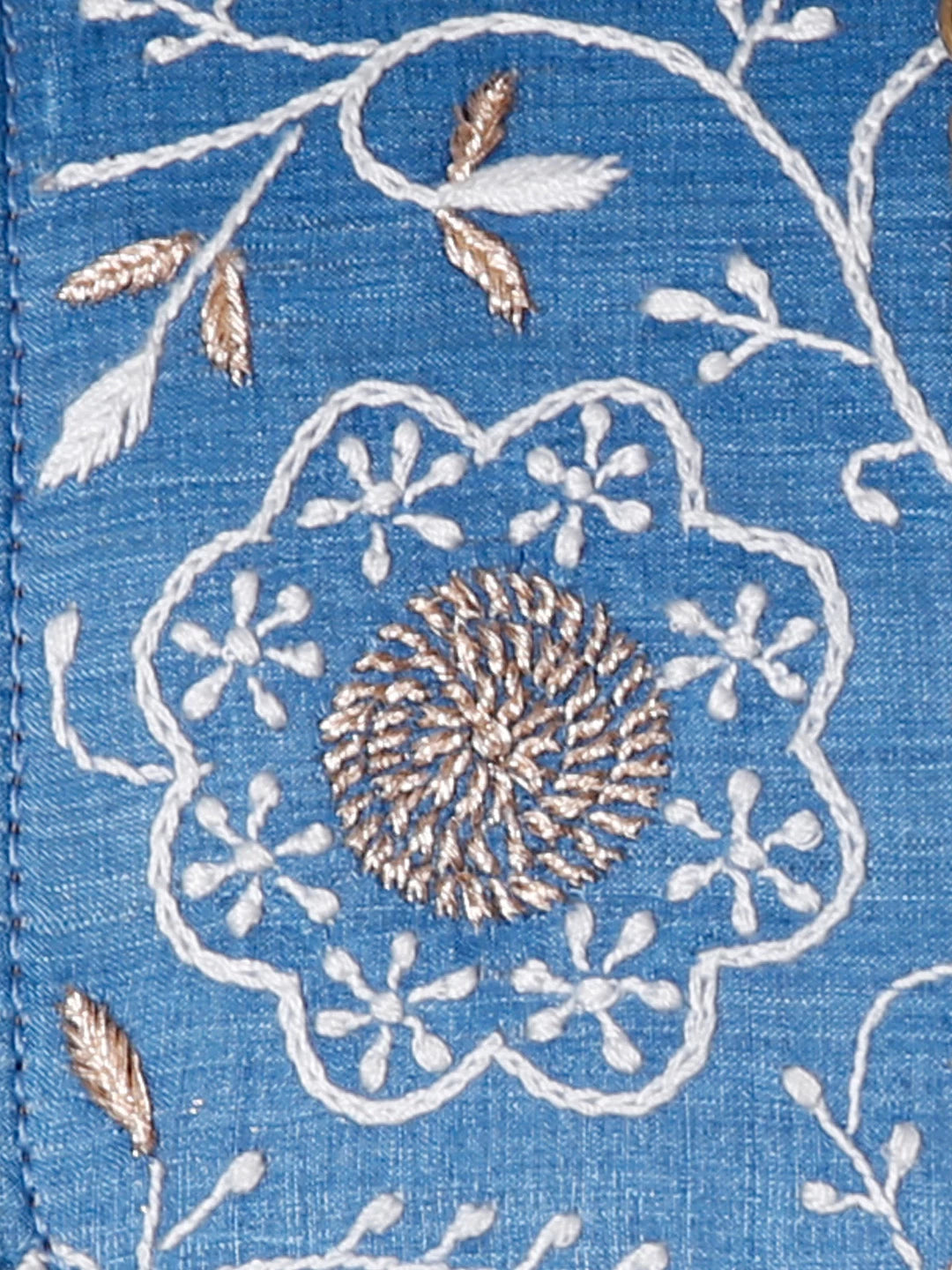 Ada Hand Embroidered Marine Blue Silk Lucknowi Chikankari Clutch Handbag With Zari Work 01A429734