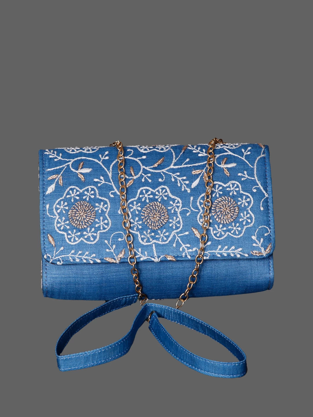 Ada Hand Embroidered Marine Blue Silk Lucknowi Chikankari Clutch Handbag With Zari Work 01A429734