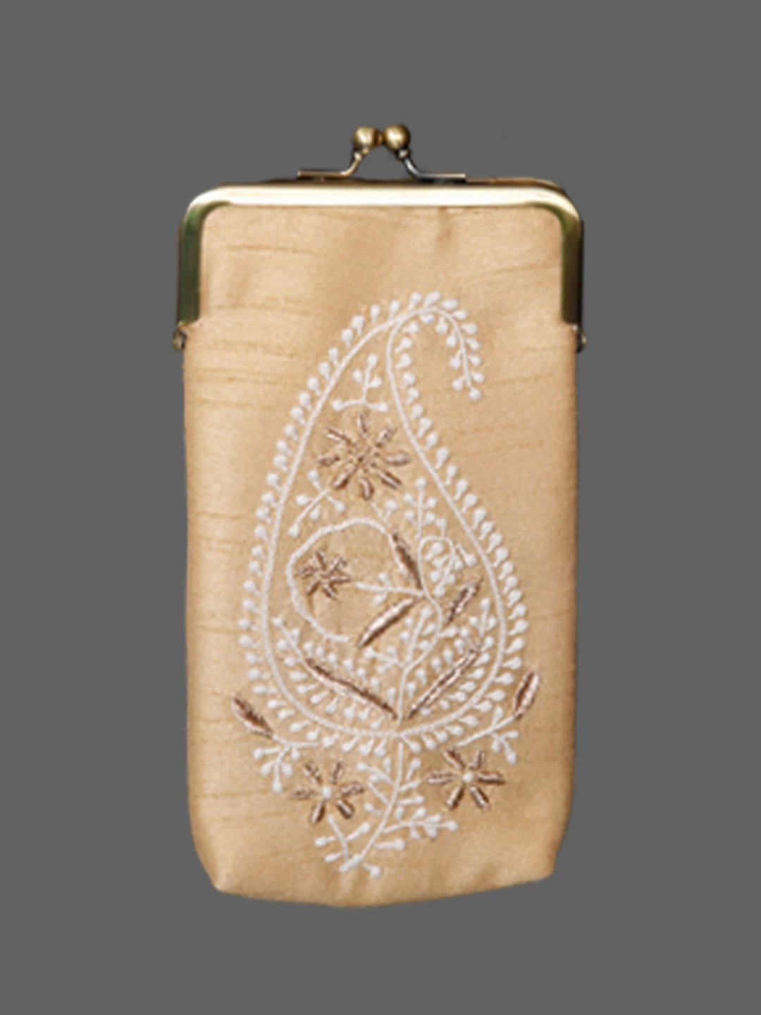 Ada Hand Embroidered Beige Silk Lucknowi Chikankari Mobile Cover With Zari Work 01A437550