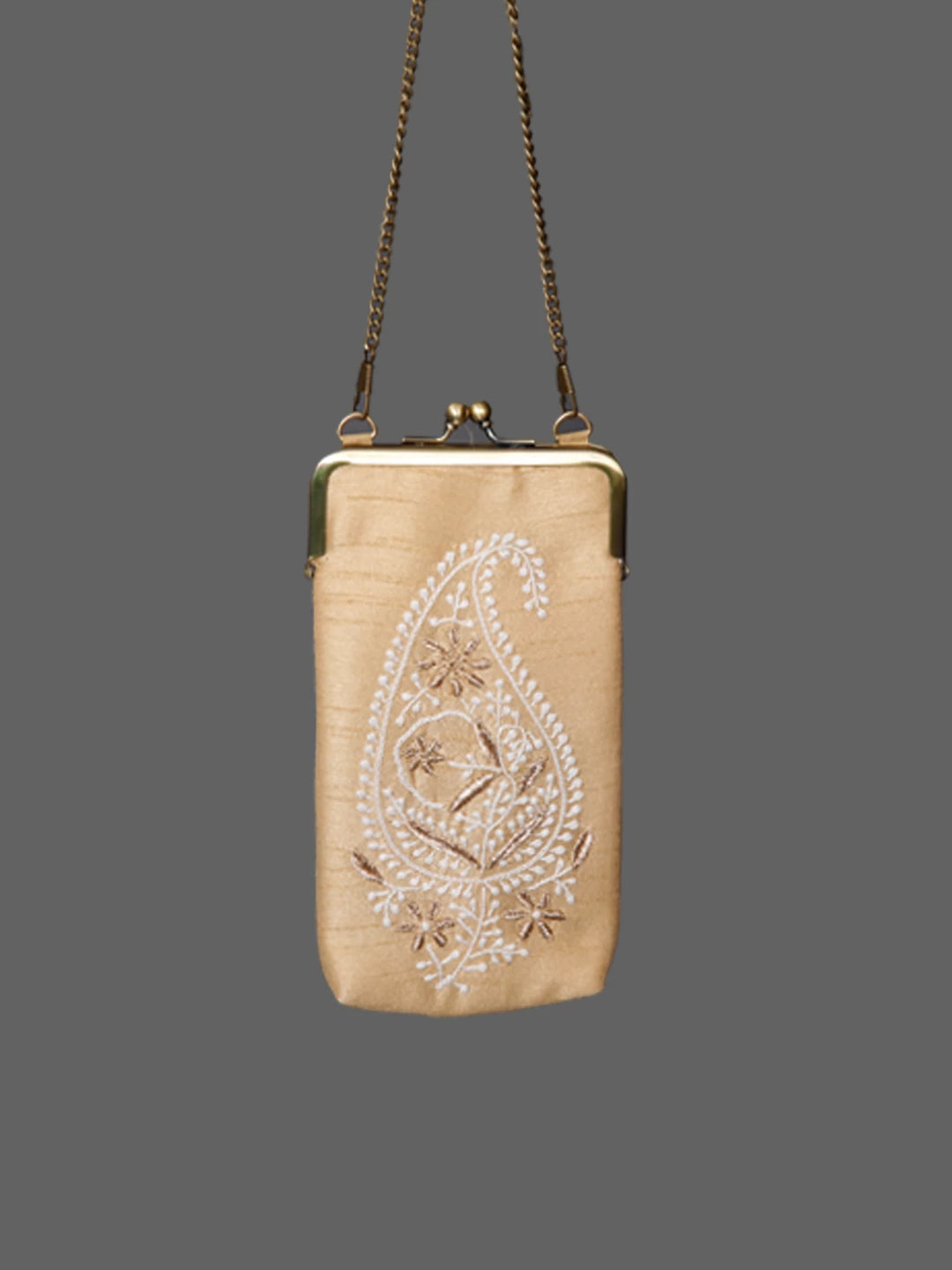 Ada Hand Embroidered Beige Silk Lucknowi Chikankari Mobile Cover With Zari Work 01A437550