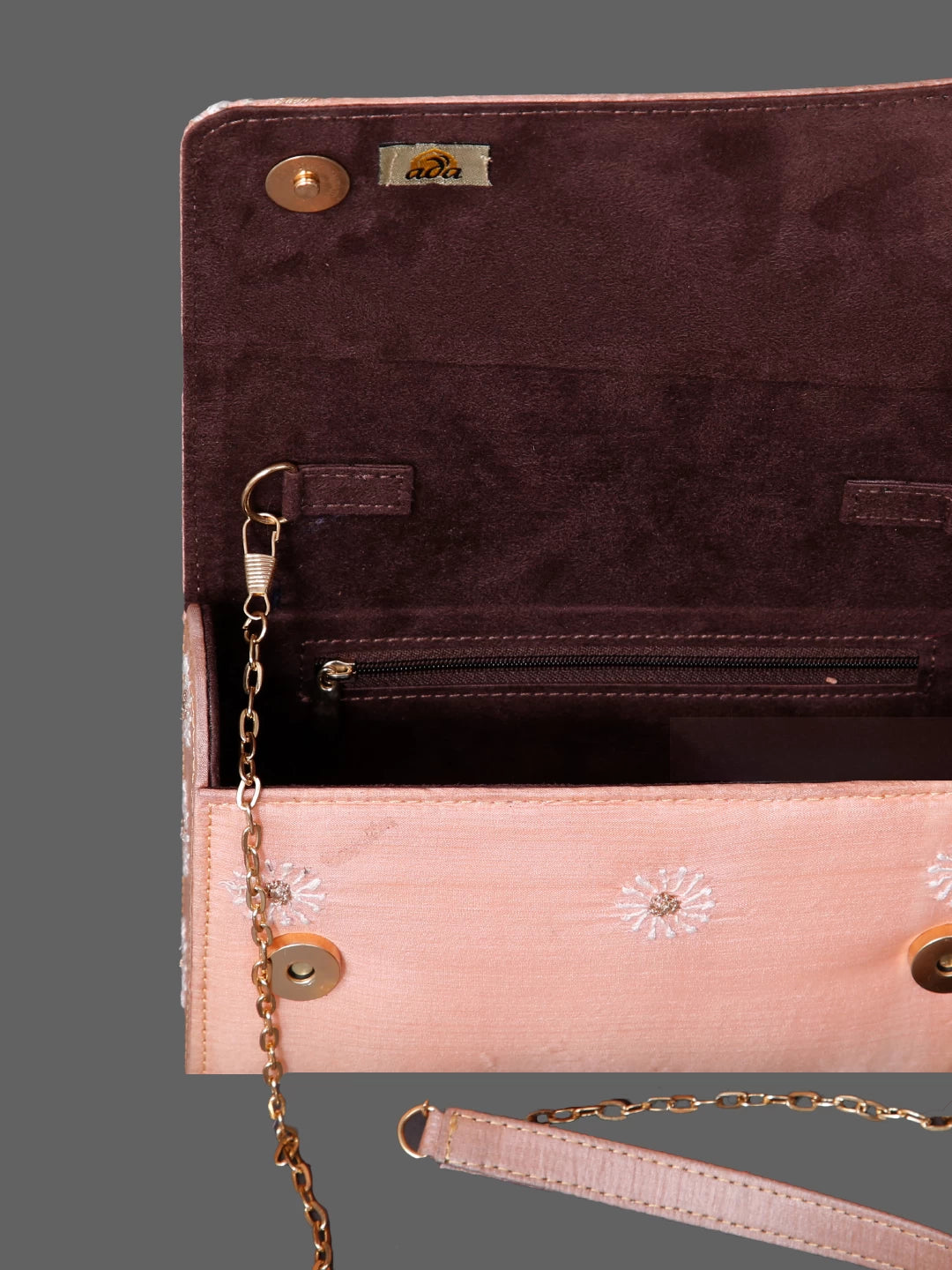 Ada Hand Embroidered Light Peach Silk Lucknowi Chikankari Clutch Handbag With Zari Work 01A350941
