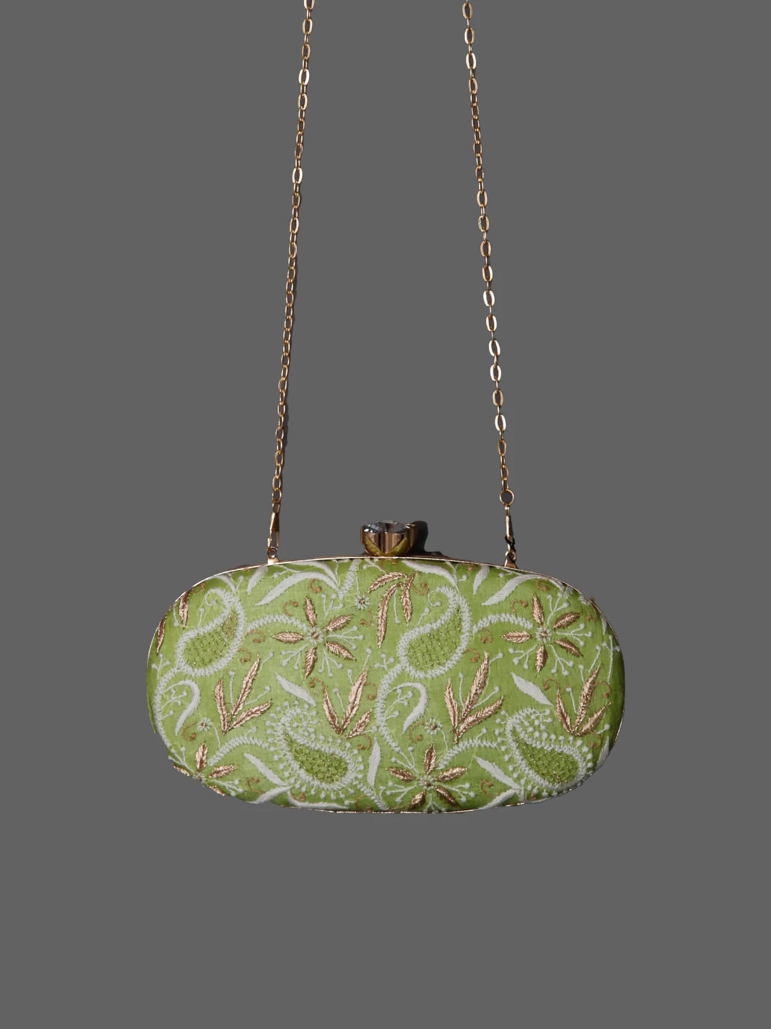 Ada Hand Embroidered Green Lucknowi Chikankari Clutch With Zari Work 01A321817