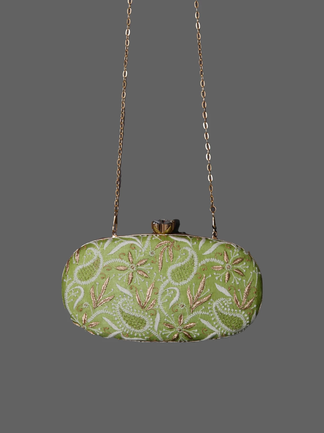 Ada Hand Embroidered Green Lucknowi Chikankari Clutch With Zari Work 01A321817