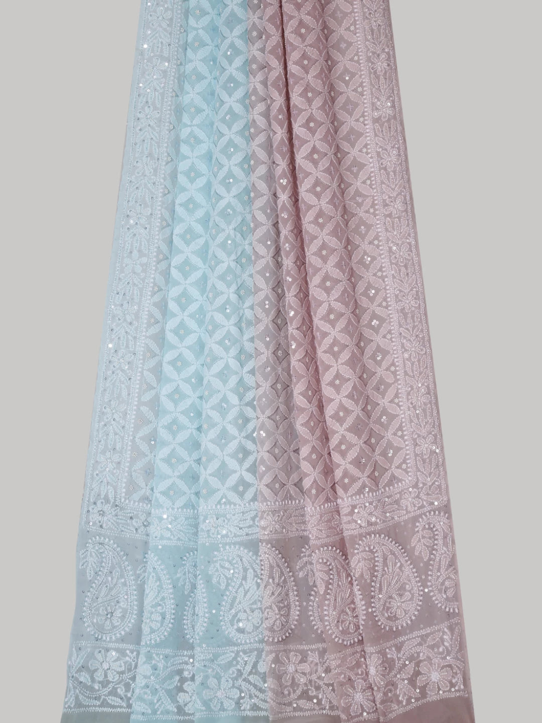Ada Hand Embroidered Dual Shade of Dusty Pink And Sea Green Pure Georgette Lucknowi Chikankari Dupatta With Pearl Work 01A388235