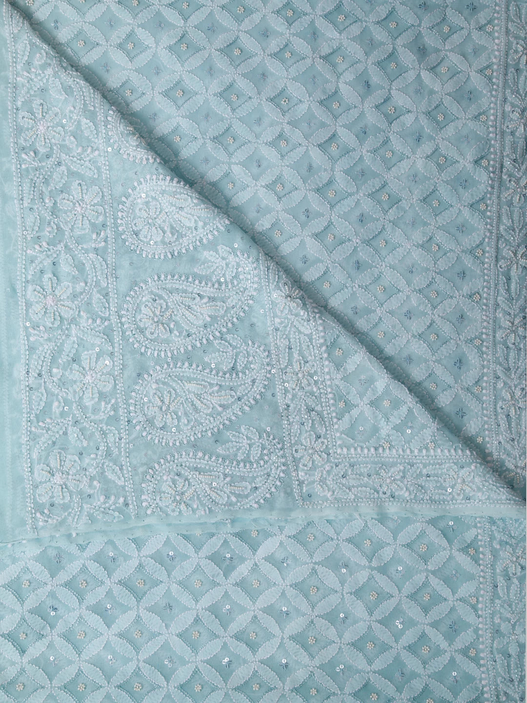 Ada Hand Embroidered Dual Shade of Dusty Pink And Sea Green Pure Georgette Lucknowi Chikankari Dupatta With Pearl Work 01A388235