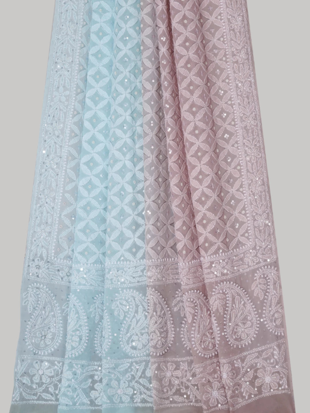 Ada Hand Embroidered Dual Shade of Dusty Pink And Sea Green Pure Georgette Lucknowi Chikankari Dupatta With Pearl Work 01A388235