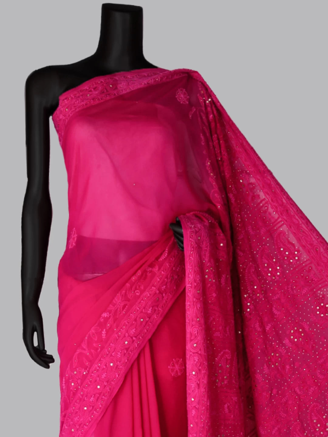Ada Hand Embroidered Auspicious Pink Viscose Georgette Lucknowi Chikankari Saree/Blouse With Mukaish Work 01A405276