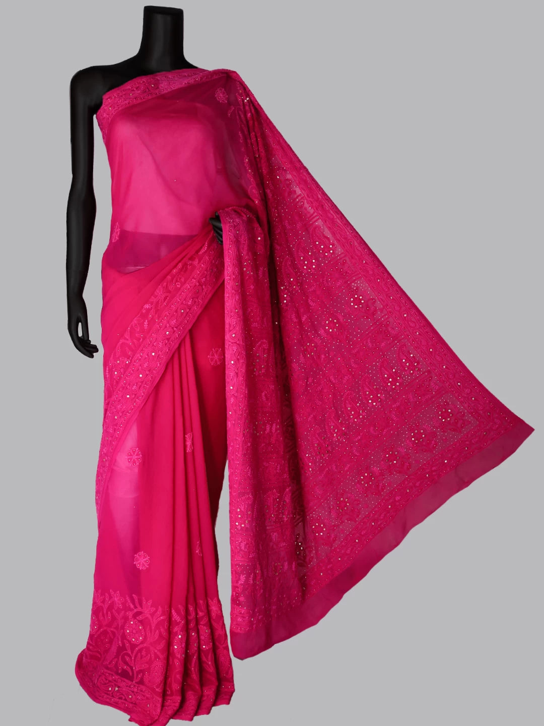 Ada Hand Embroidered Auspicious Pink Viscose Georgette Lucknowi Chikankari Saree/Blouse With Mukaish Work 01A405276