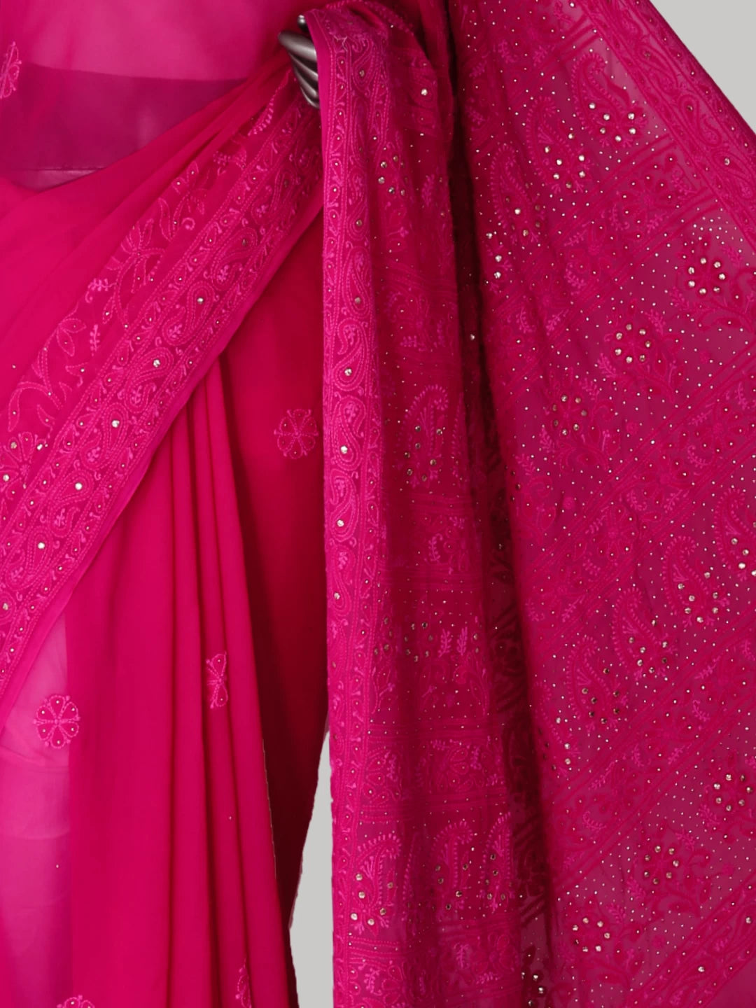 Ada Hand Embroidered Auspicious Pink Viscose Georgette Lucknowi Chikankari Saree/Blouse With Mukaish Work 01A405276