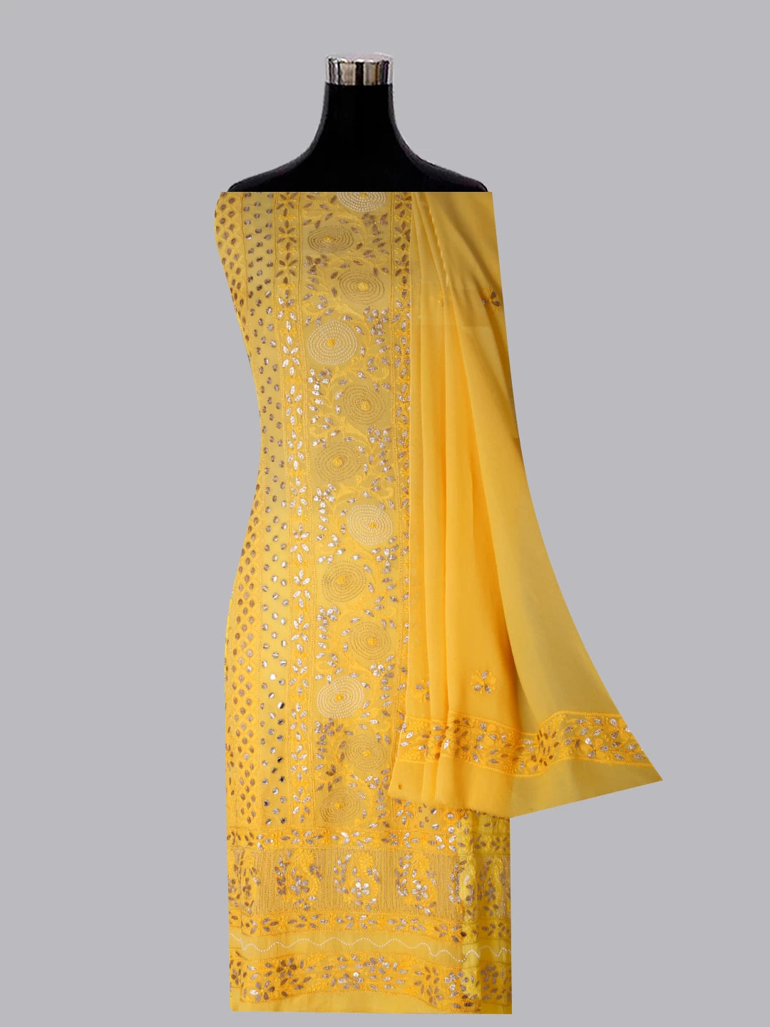 Ada Hand Embroidered Yellow Viscose Georgette Lucknowi Chikankari Unstitched Kurta Dupatta Set With Zari Work 01A255241