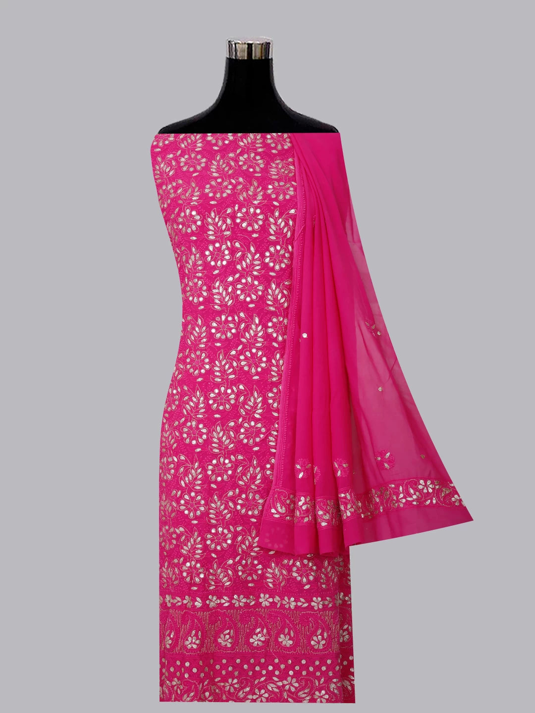 Ada Hand Embroidered Magenta Pink Viscose Georgette Lucknowi Chikankari Unstitched Kurta Dupatta Set With Zari Work 01A148183