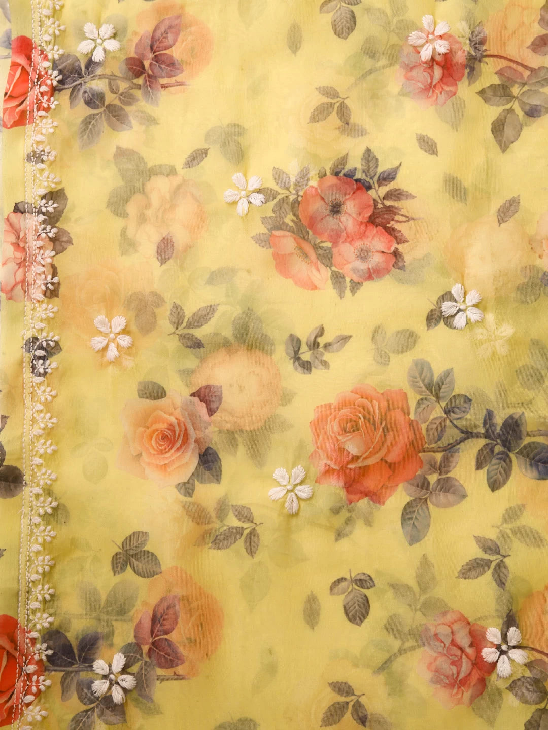 Ada Hand Embroidered Corn Yellow Organza Lucknowi Chikankari Unstitched Kurta Dupatta Set 01A426150