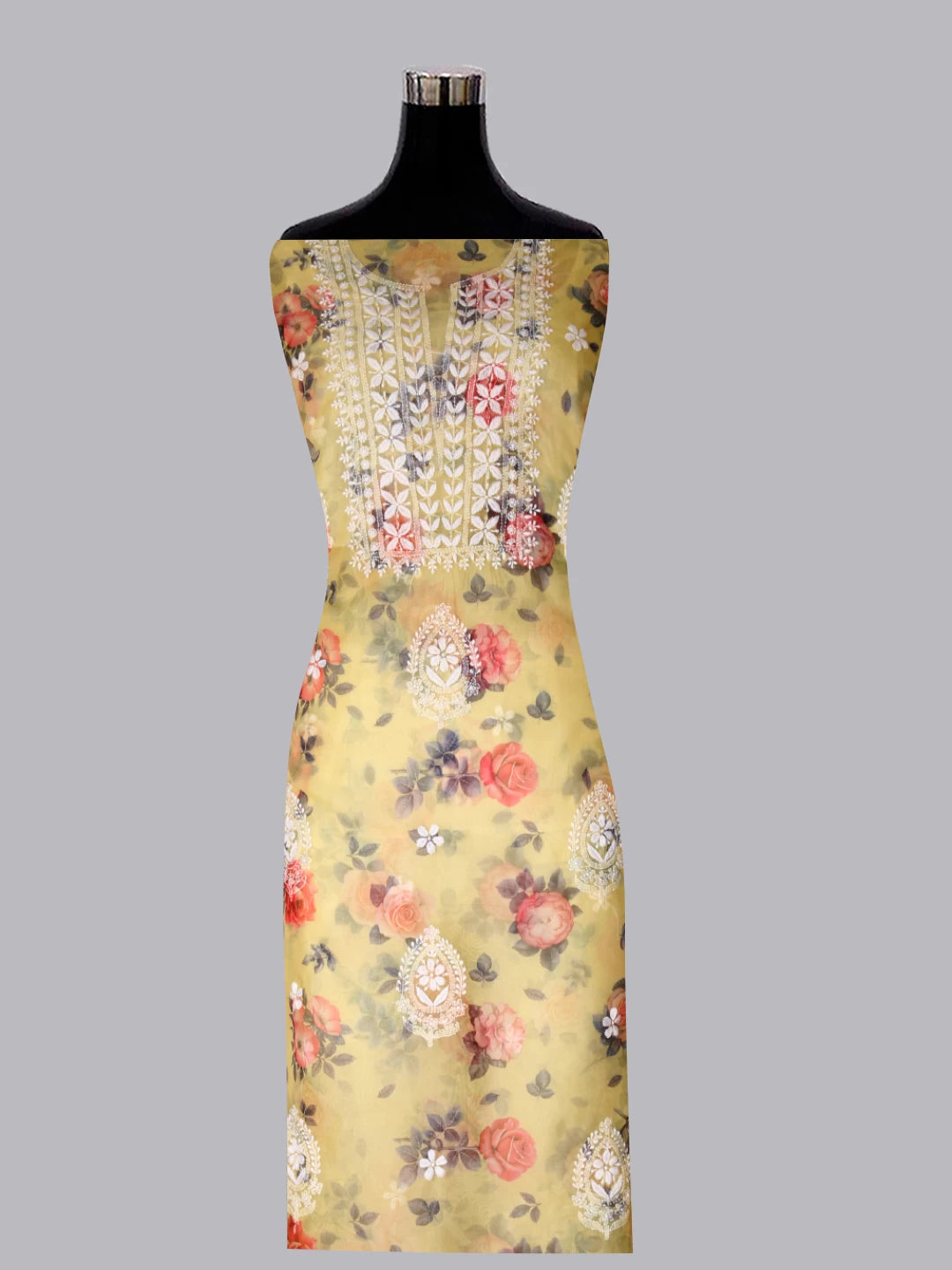 Ada Hand Embroidered Corn Yellow Organza Lucknowi Chikankari Unstitched Kurta Dupatta Set 01A426150