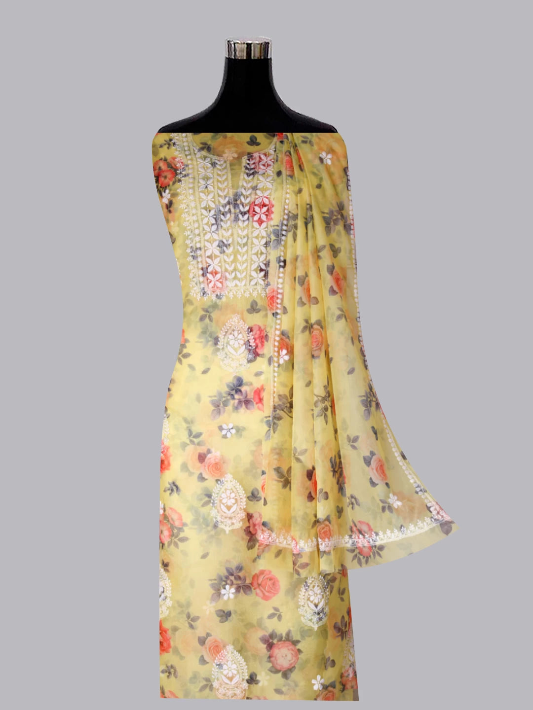 Ada Hand Embroidered Corn Yellow Organza Lucknowi Chikankari Unstitched Kurta Dupatta Set 01A426150