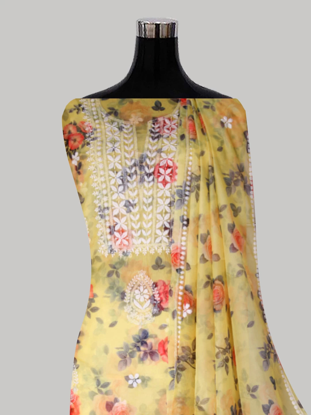 Ada Hand Embroidered Corn Yellow Organza Lucknowi Chikankari Unstitched Kurta Dupatta Set 01A426150