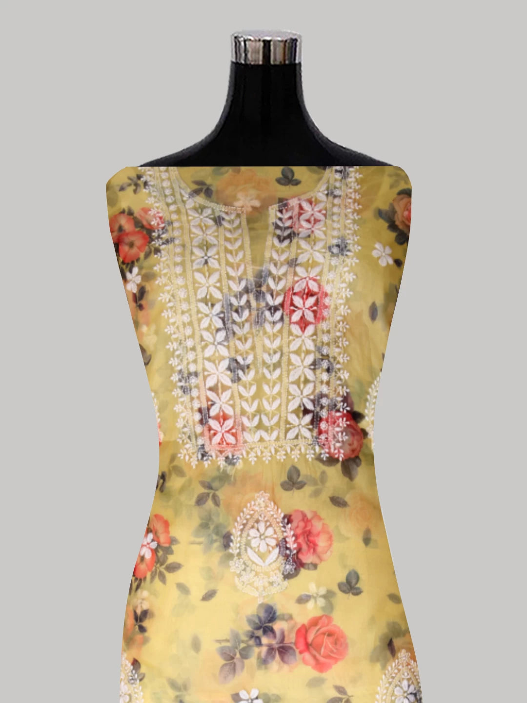 Ada Hand Embroidered Corn Yellow Organza Lucknowi Chikankari Unstitched Kurta Dupatta Set 01A426150