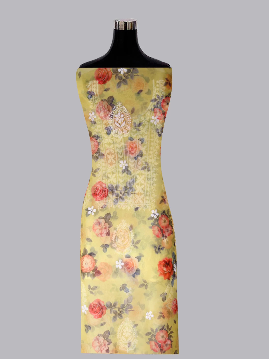 Ada Hand Embroidered Corn Yellow Organza Lucknowi Chikankari Unstitched Kurta Dupatta Set 01A426150