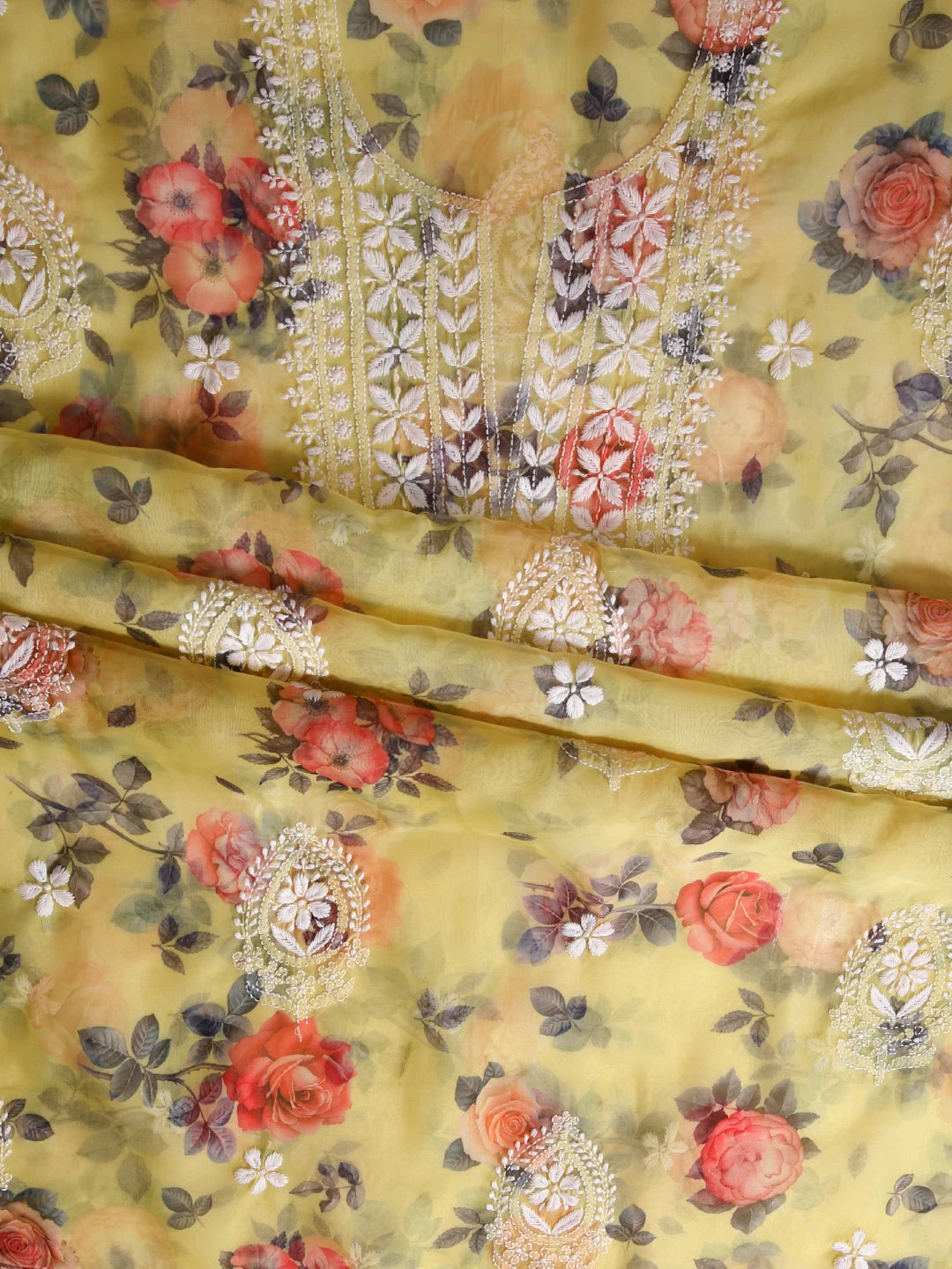Ada Hand Embroidered Corn Yellow Organza Lucknowi Chikankari Unstitched Kurta Dupatta Set 01A426150