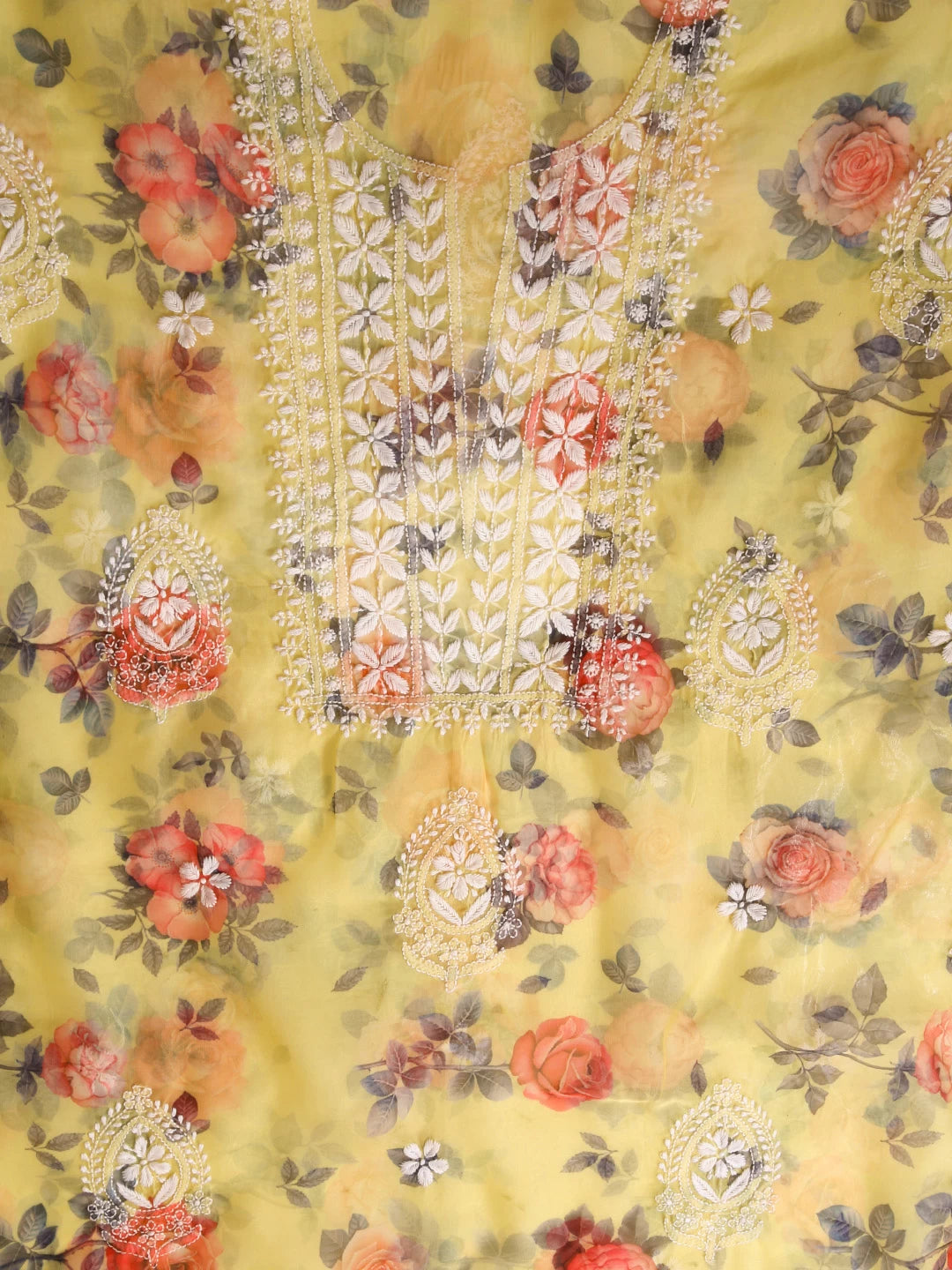 Ada Hand Embroidered Corn Yellow Organza Lucknowi Chikankari Unstitched Kurta Dupatta Set 01A426150