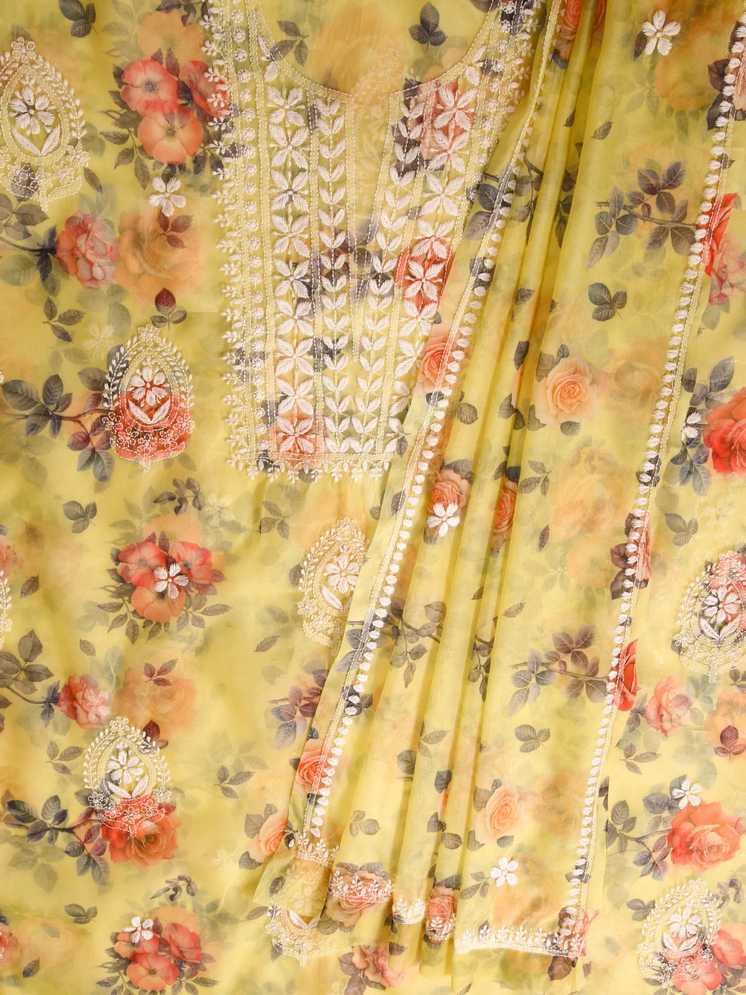 Ada Hand Embroidered Corn Yellow Organza Lucknowi Chikankari Unstitched Kurta Dupatta Set 01A426150