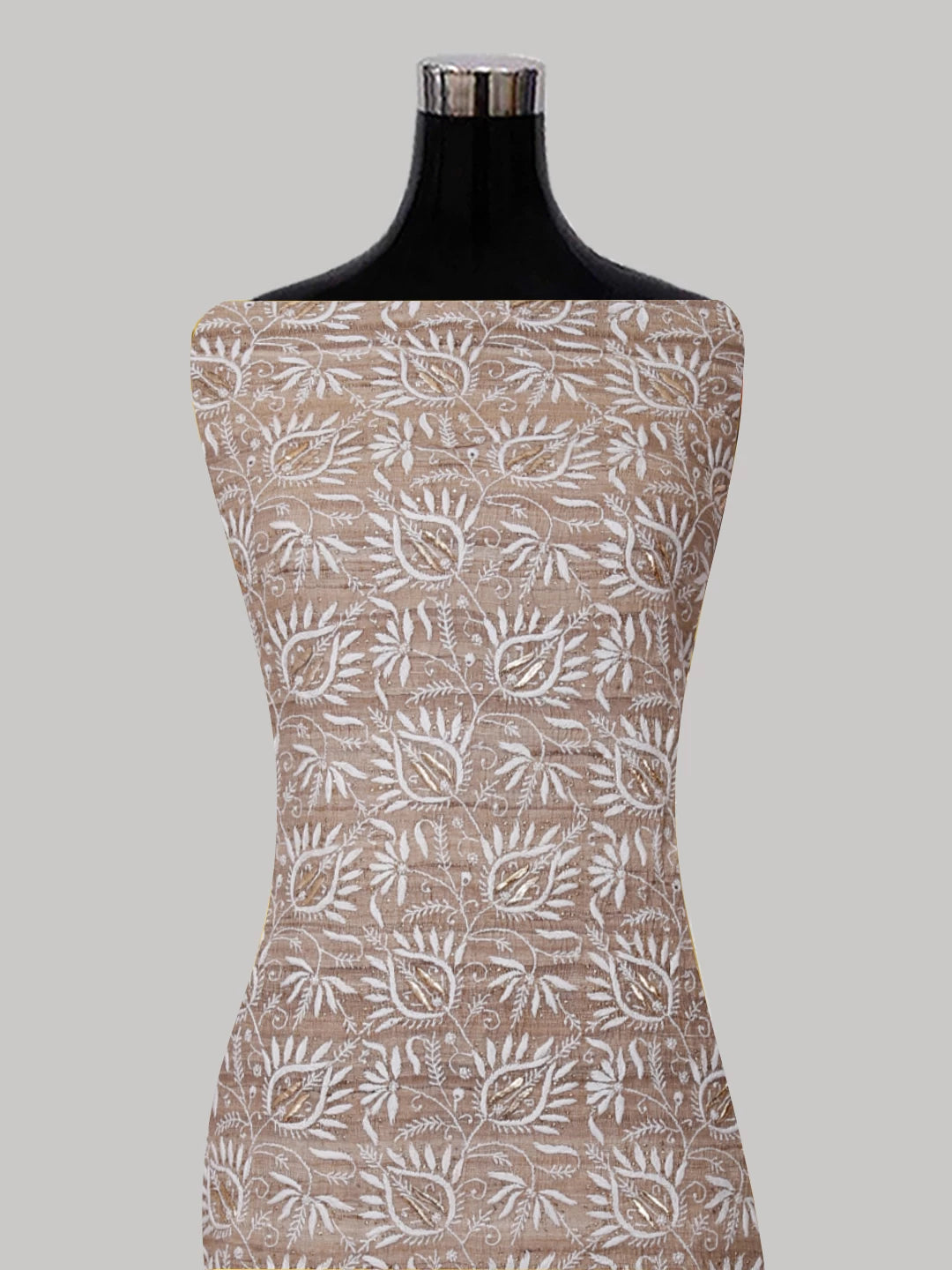 Ada Hand Embroidered Natural Fawn Ghicha Silk Lucknowi Chikankari Unstitched Kurta Piece With Mukaish Work 01A414471