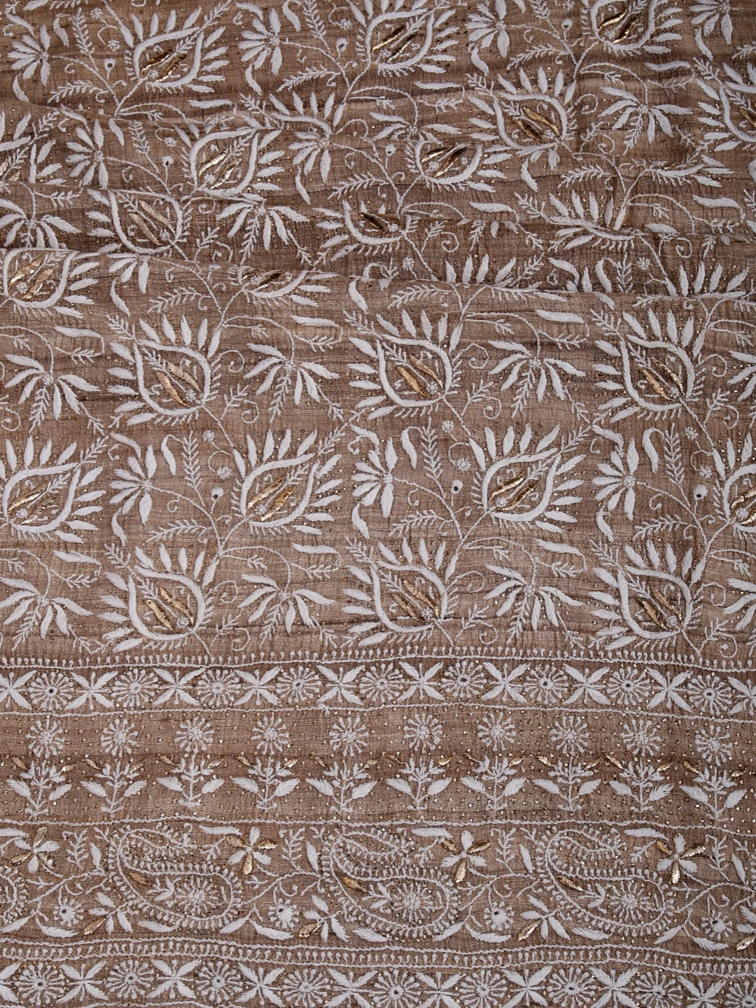 Ada Hand Embroidered Natural Fawn Ghicha Silk Lucknowi Chikankari Unstitched Kurta Piece With Mukaish Work 01A414471