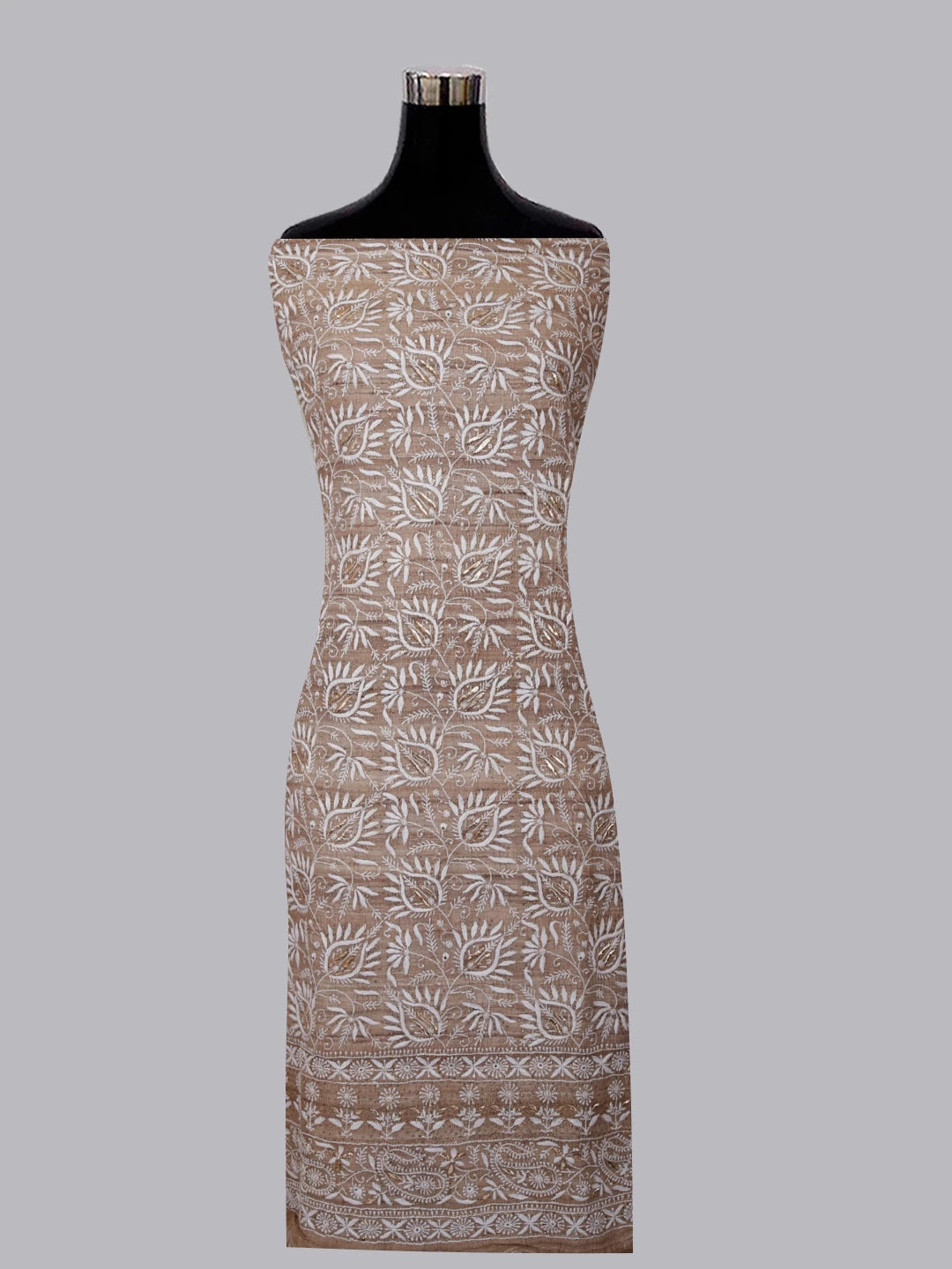 Ada Hand Embroidered Natural Fawn Ghicha Silk Lucknowi Chikankari Unstitched Kurta Piece With Mukaish Work 01A414471