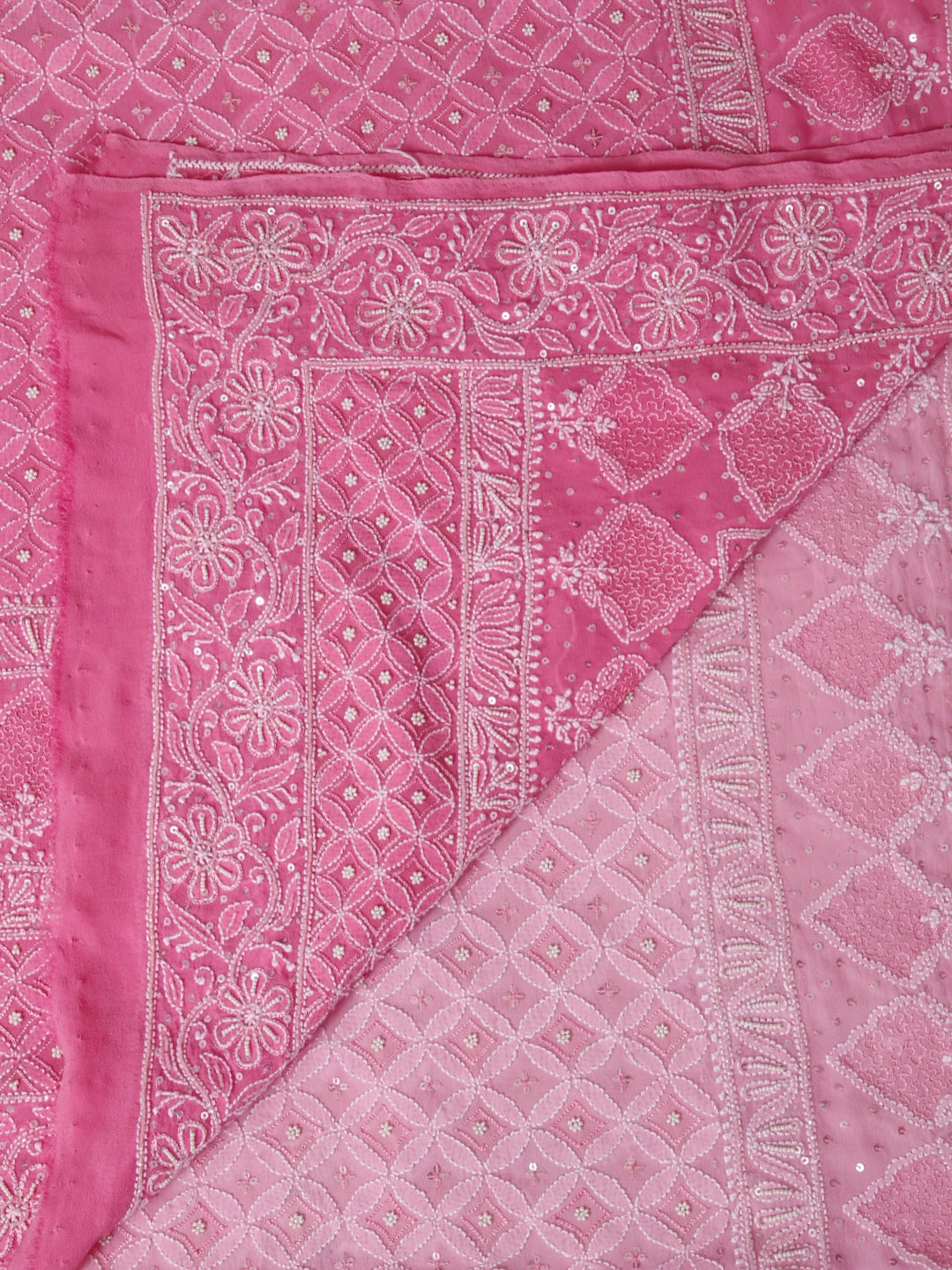 Ada Hand Embroidered Ombre Shade of Pink Pure Georgette Lucknowi Chikankari Dupatta With Pearl Work 01A354930