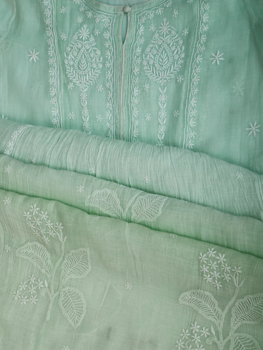 Ada Hand Embroidered Ombre shade of Mint Green And Sea Green Chanderi Lucknowi Chikankari Semi-Stitched Kurta Piece 01A415100