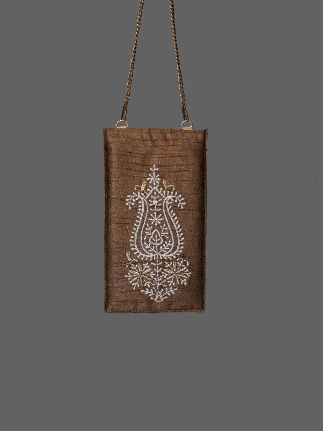 Ada Hand Embroidered Brown Silk Lucknowi Chikankari Mobile Cover With Zari Work 01A437627