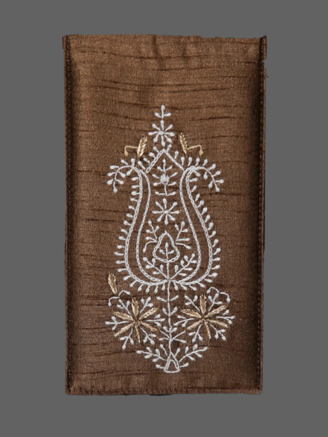 Ada Hand Embroidered Brown Silk Lucknowi Chikankari Mobile Cover With Zari Work 01A437627