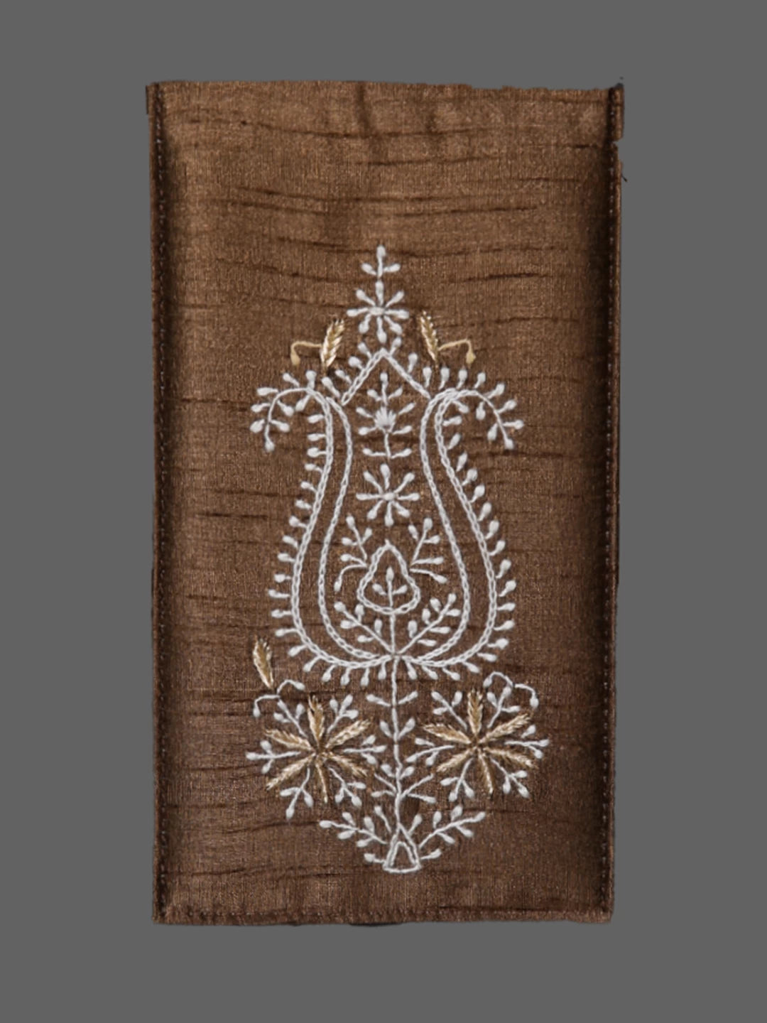 Ada Hand Embroidered Brown Silk Lucknowi Chikankari Mobile Cover With Zari Work 01A437627