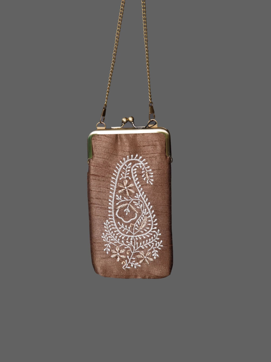 Ada Hand Embroidered Brown Silk Lucknowi Chikankari Mobile Cover With Zari Work 01A437546