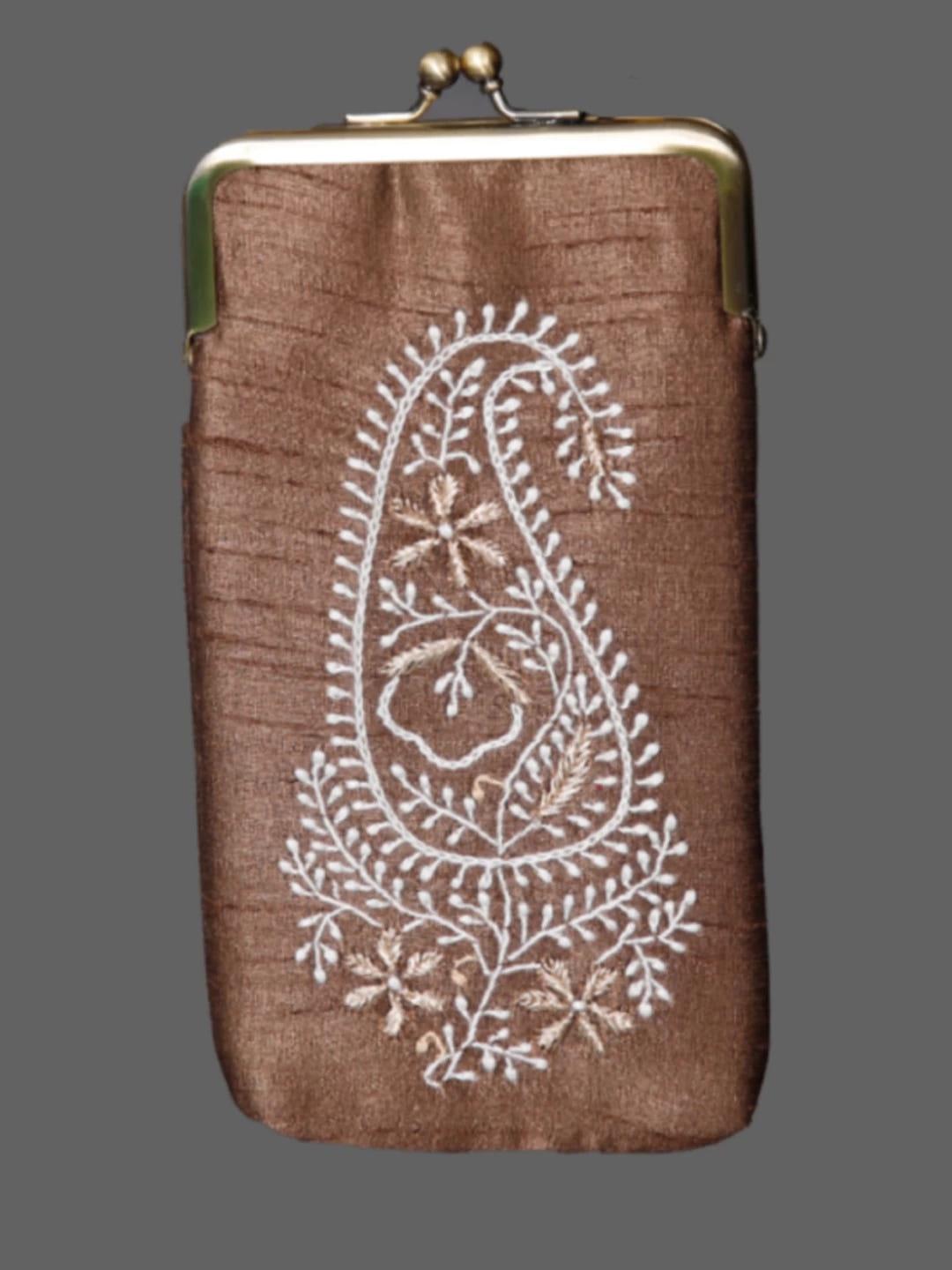 Ada Hand Embroidered Brown Silk Lucknowi Chikankari Mobile Cover With Zari Work 01A437546